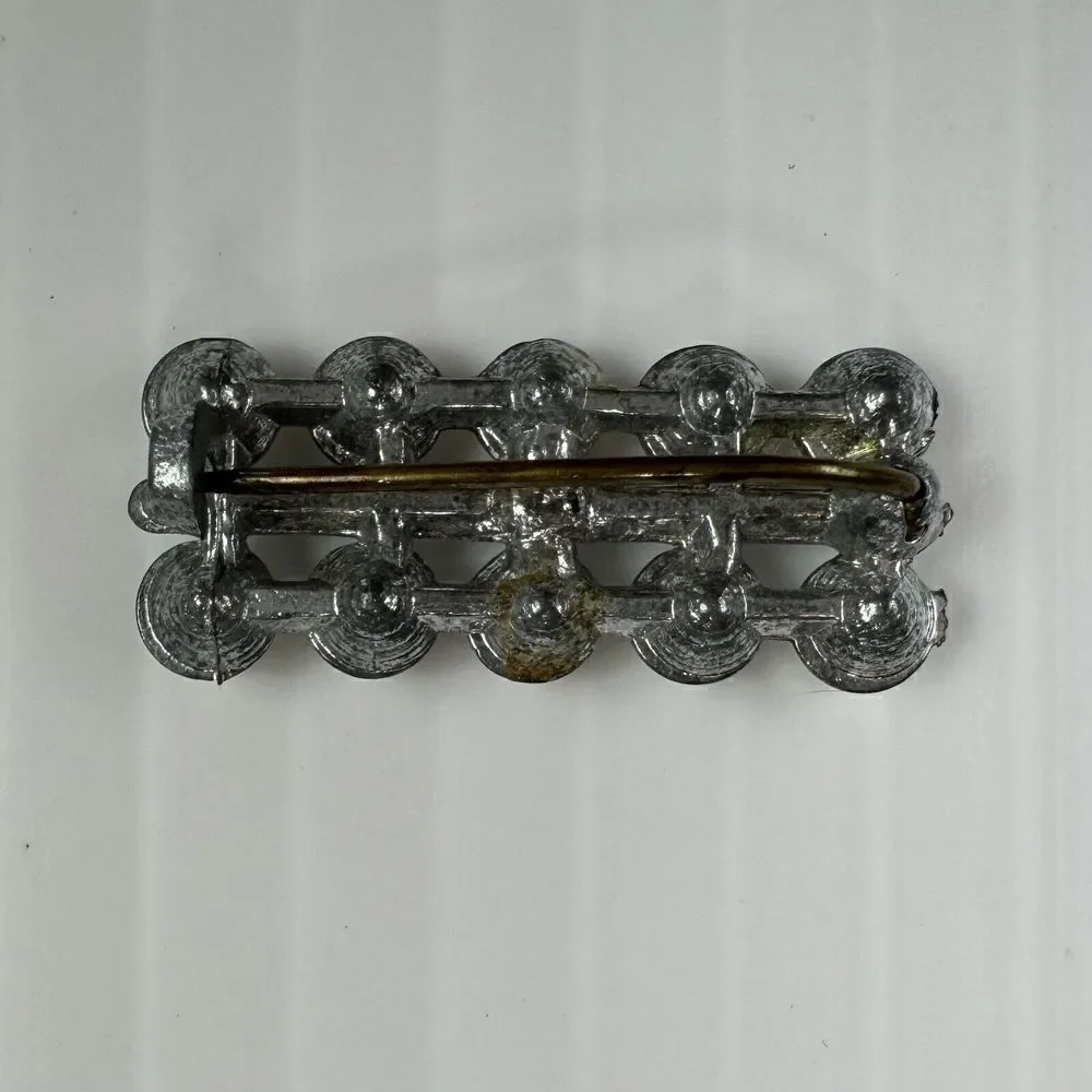 Vintage Small Brooch Bar Set Silver Tone Clear Rhinestones Double Row Costume